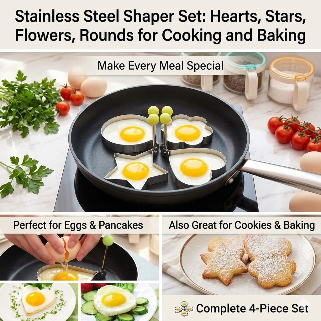 4-Piece Egg Fry Ring Set – Heart, Star, Flower & Round Shapes | Non-Stick Pancake & Egg Mold for Perfect Breakfast