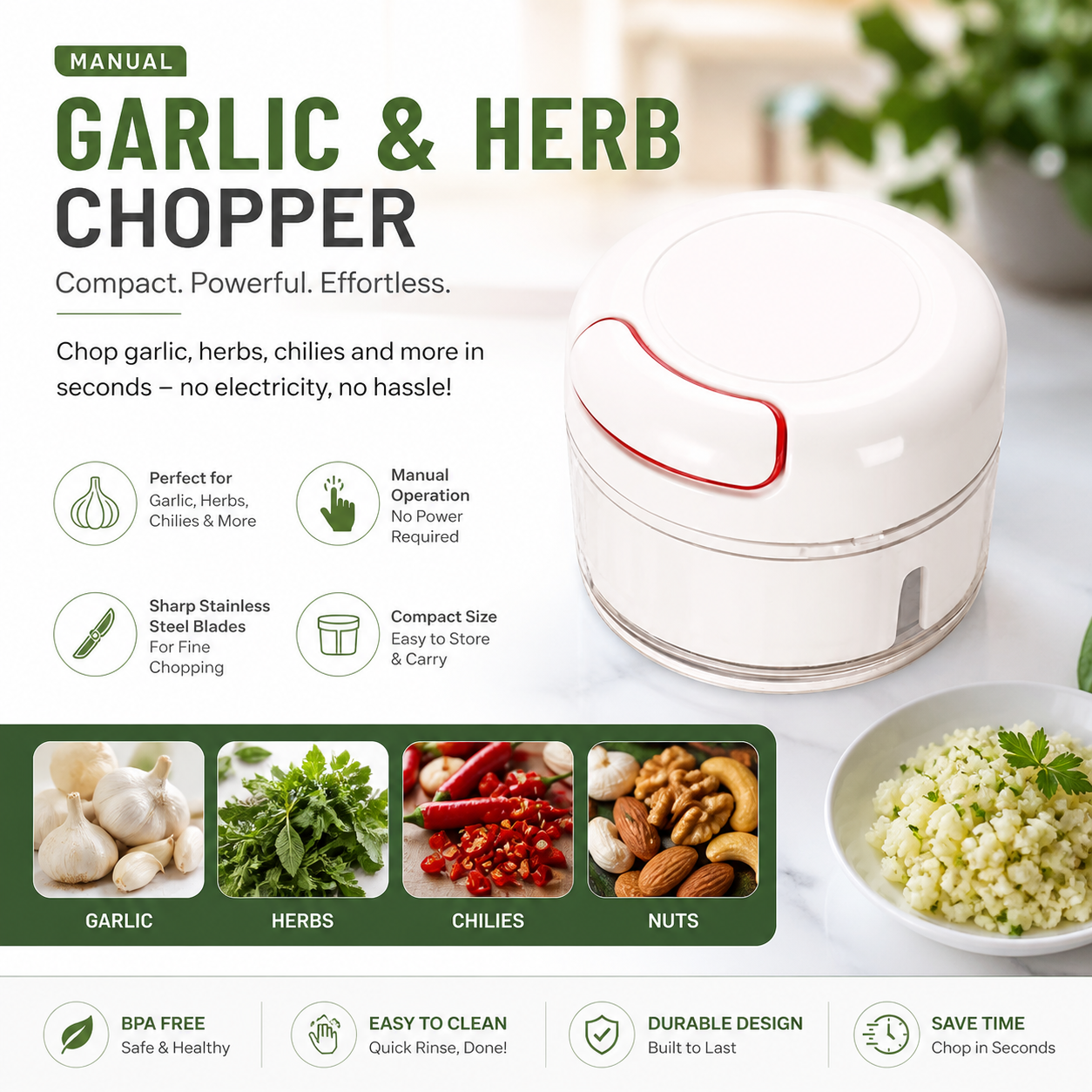 Manual Garlic Chopper & Food Cutter – Mini Hand Press Vegetable & Nut Chopper (No Electricity Required)