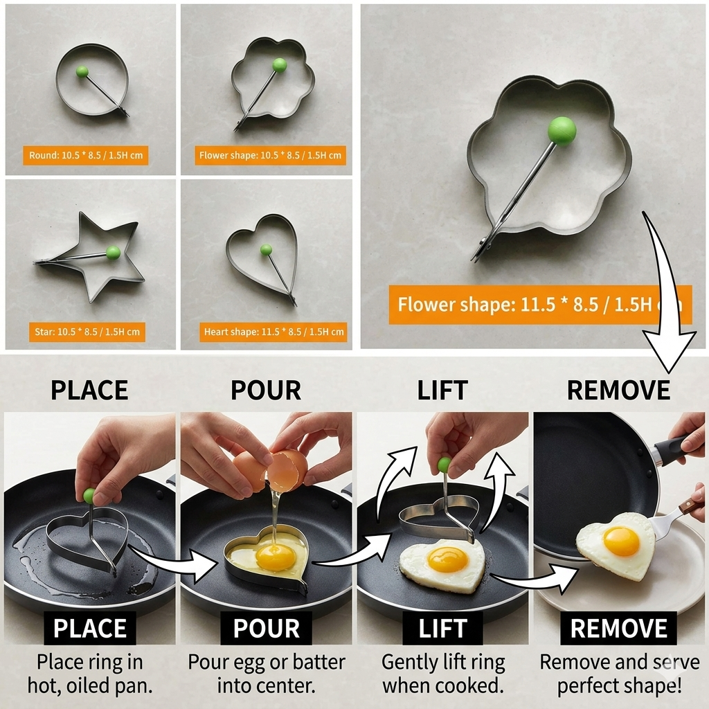 4-Piece Egg Fry Ring Set – Heart, Star, Flower & Round Shapes | Non-Stick Pancake & Egg Mold for Perfect Breakfast