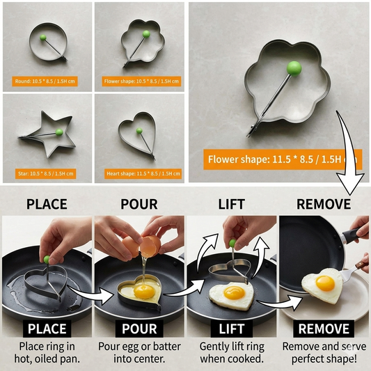 4-Piece Egg Fry Ring Set – Heart, Star, Flower & Round Shapes | Non-Stick Pancake & Egg Mold for Perfect Breakfast